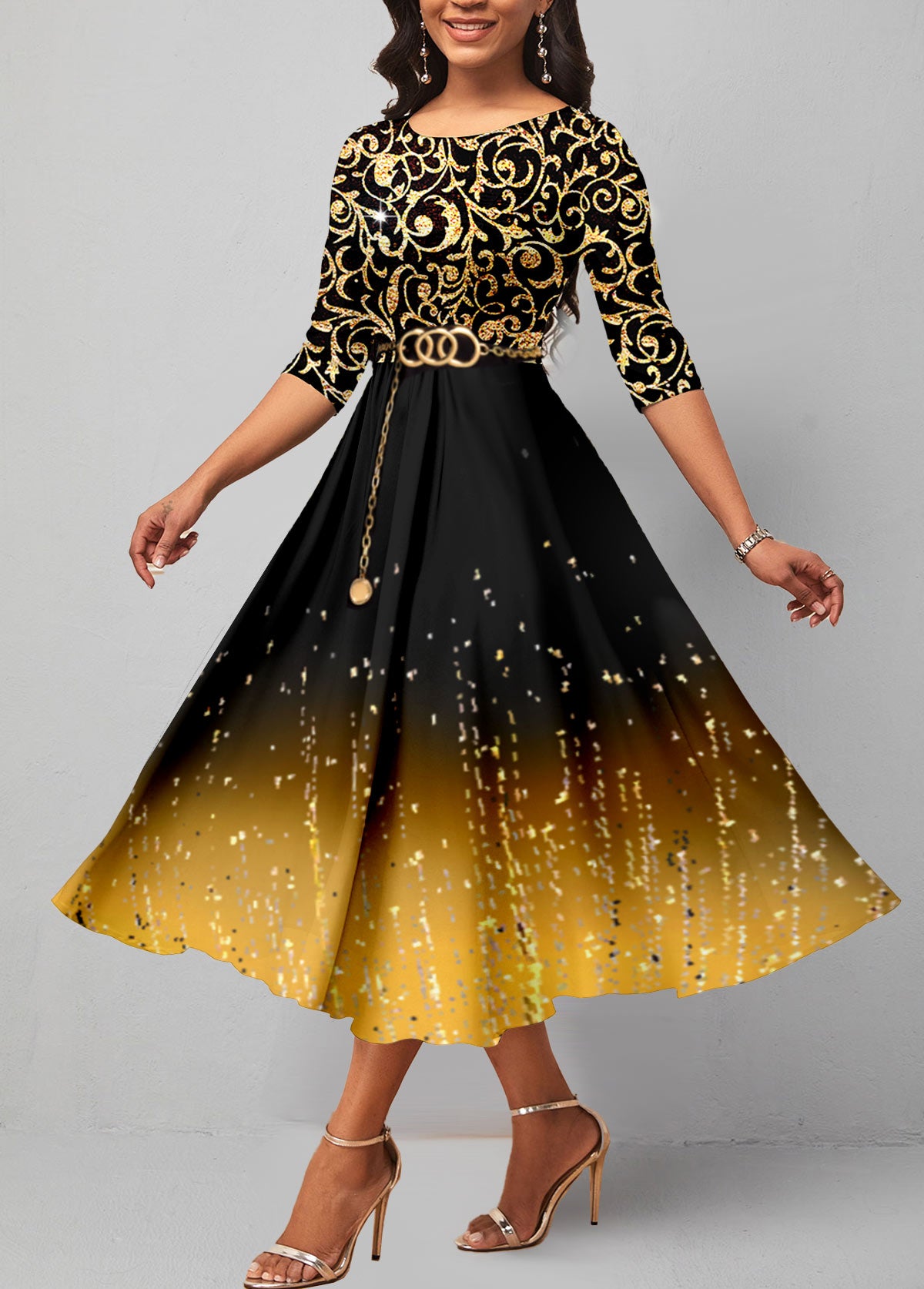 Golden Ombre Hot Stamping 3/4 Sleeve Dress