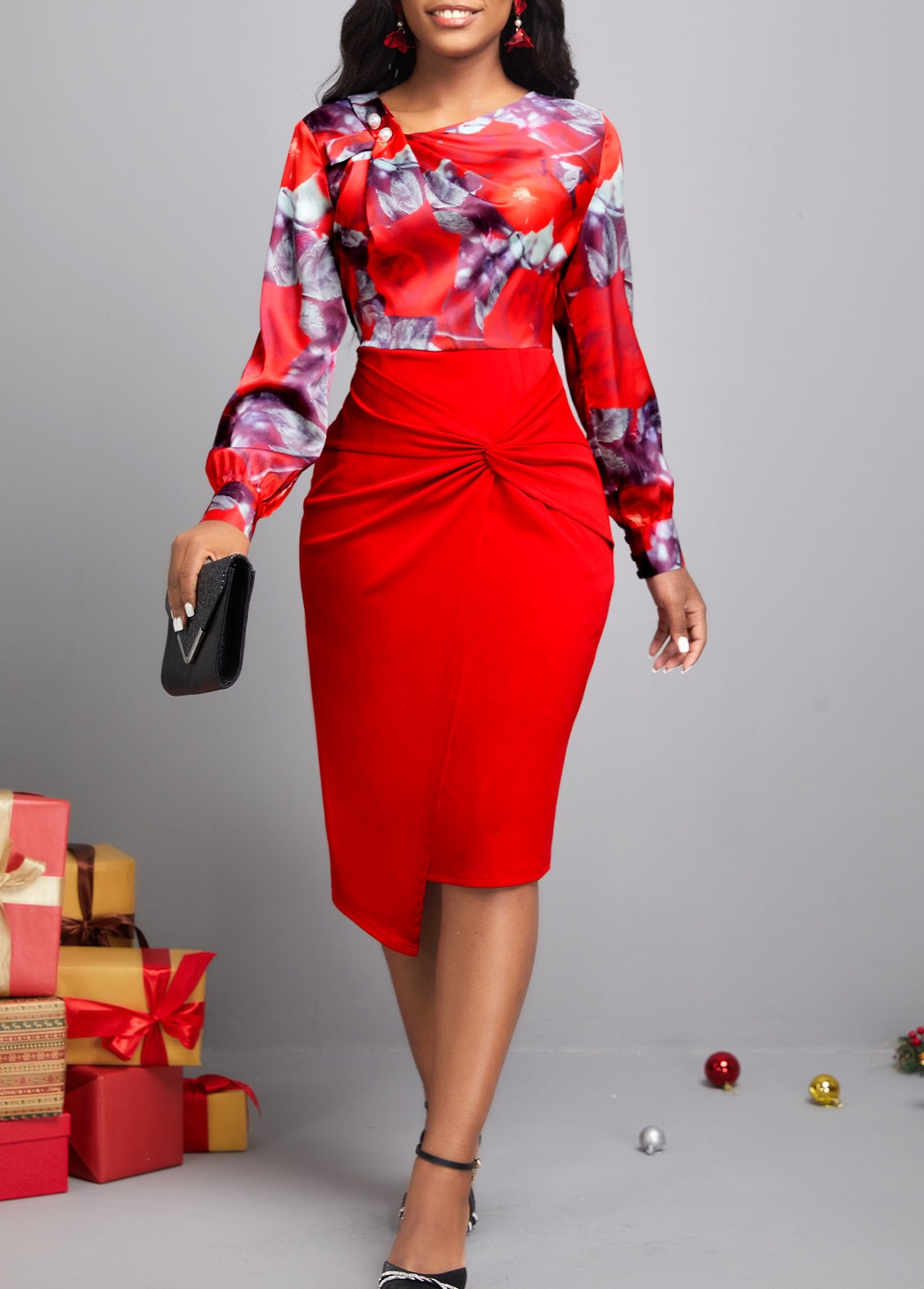 Floral Print Decorative Button Wine Red Dress