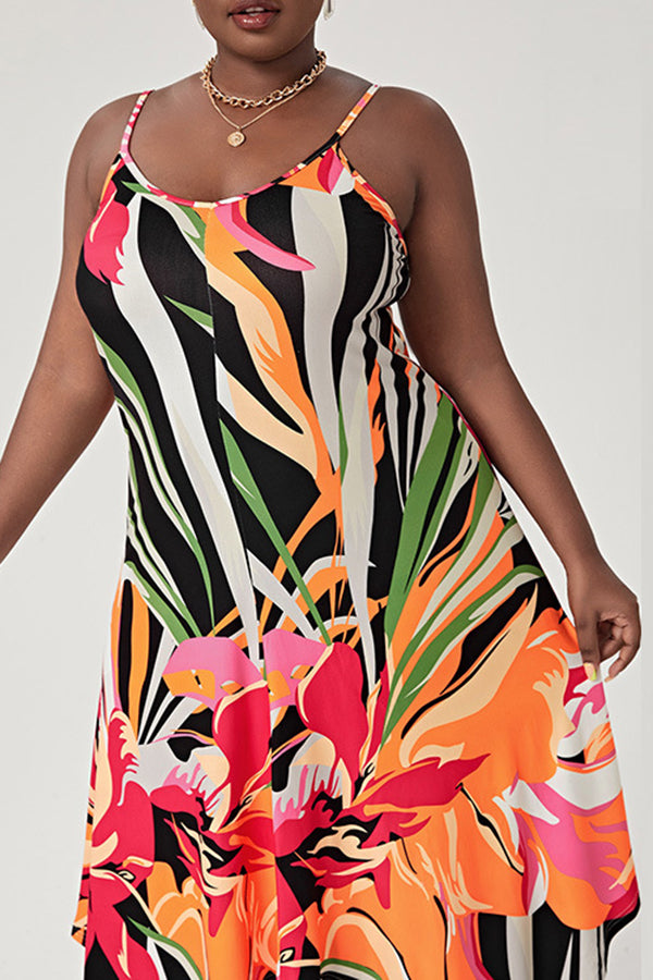 Elegant Commuter Print Sling Irregular Plus Size Dress