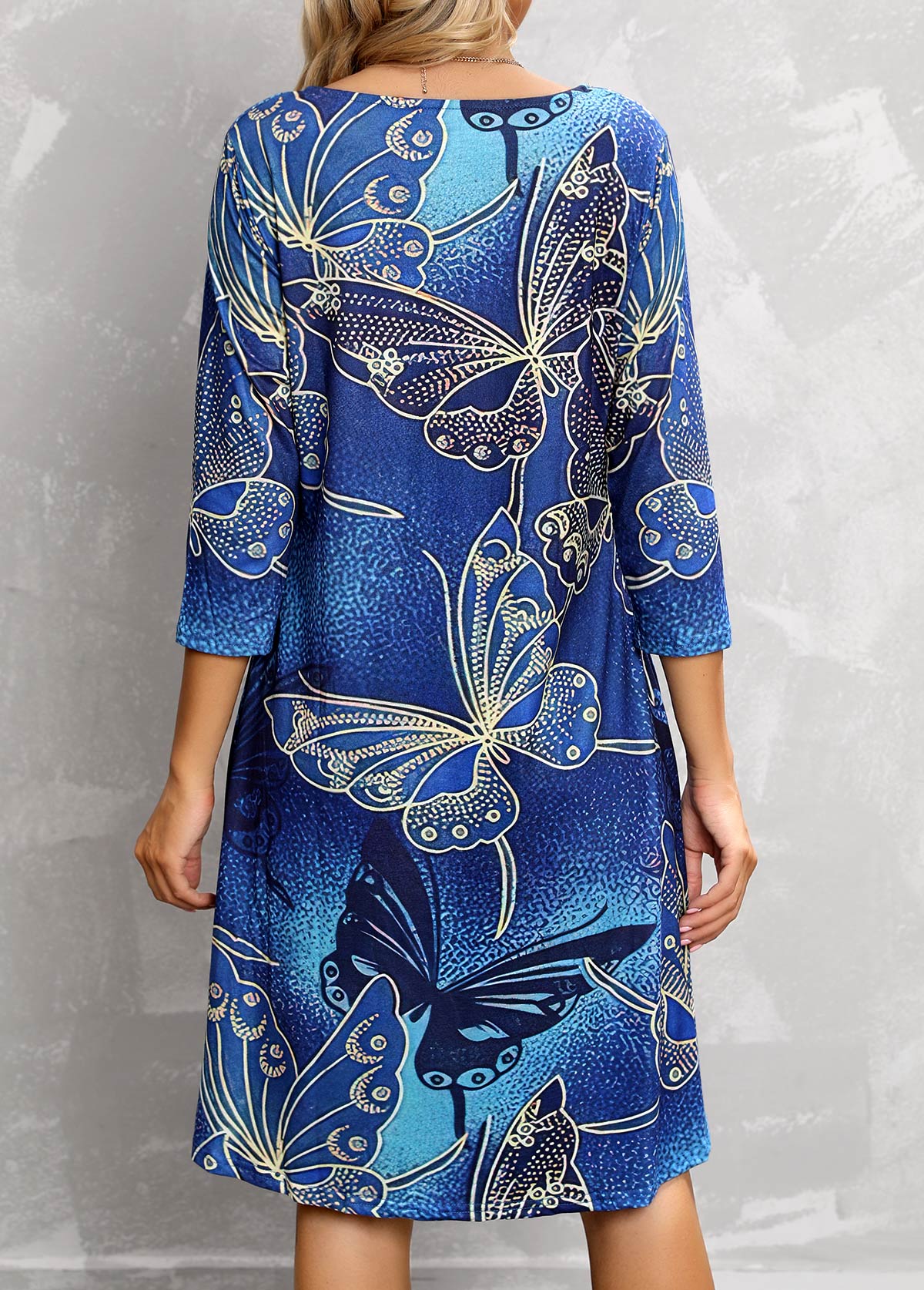 Butterfly Print 3/4 Sleeve Blue Dress