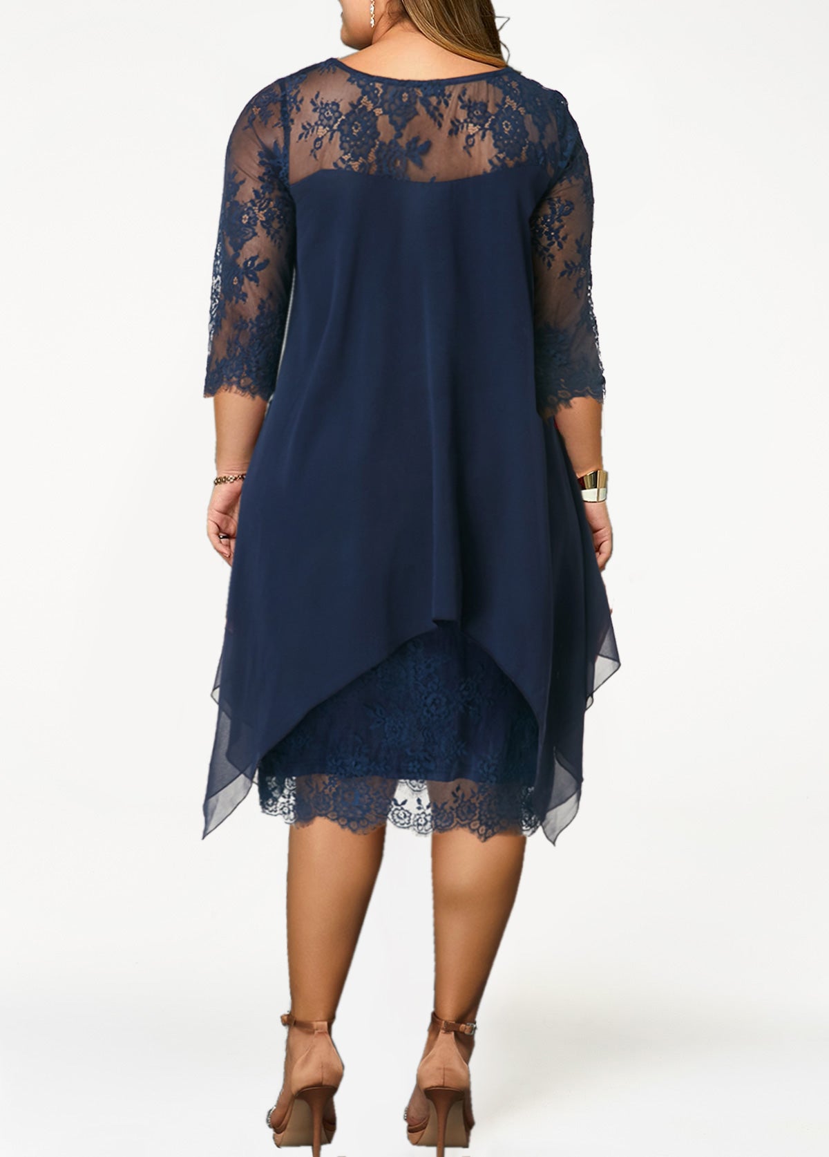 Chiffon Overlay Three Quarter Sleeve Lace Dress