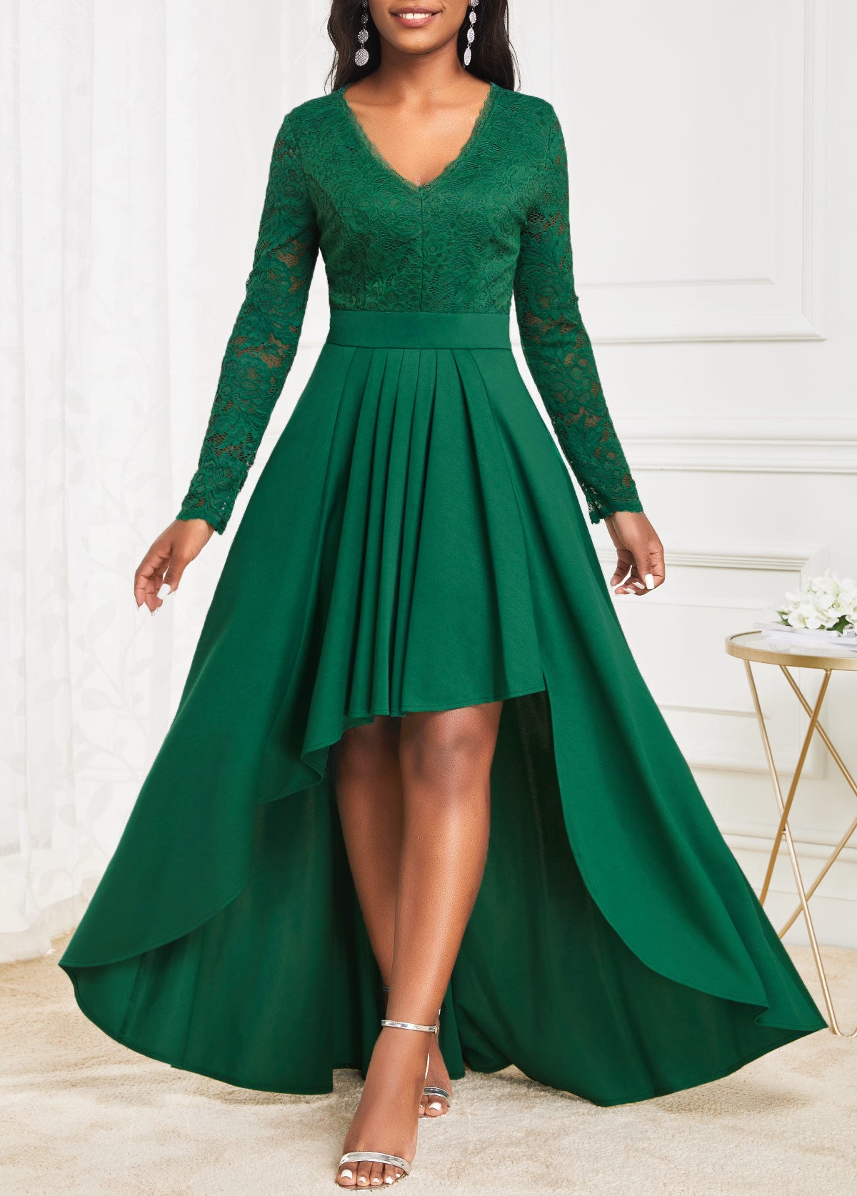 Green High Low V Neck Lace Dress