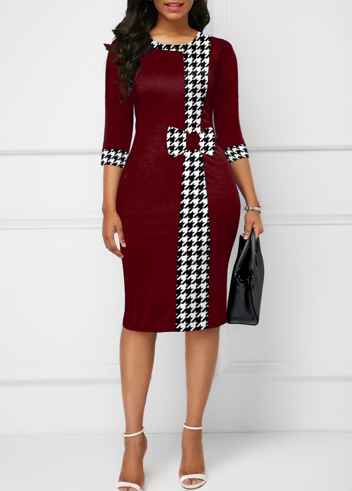 Houndstooth Print Bowknot Knee Length Bodycon Dress