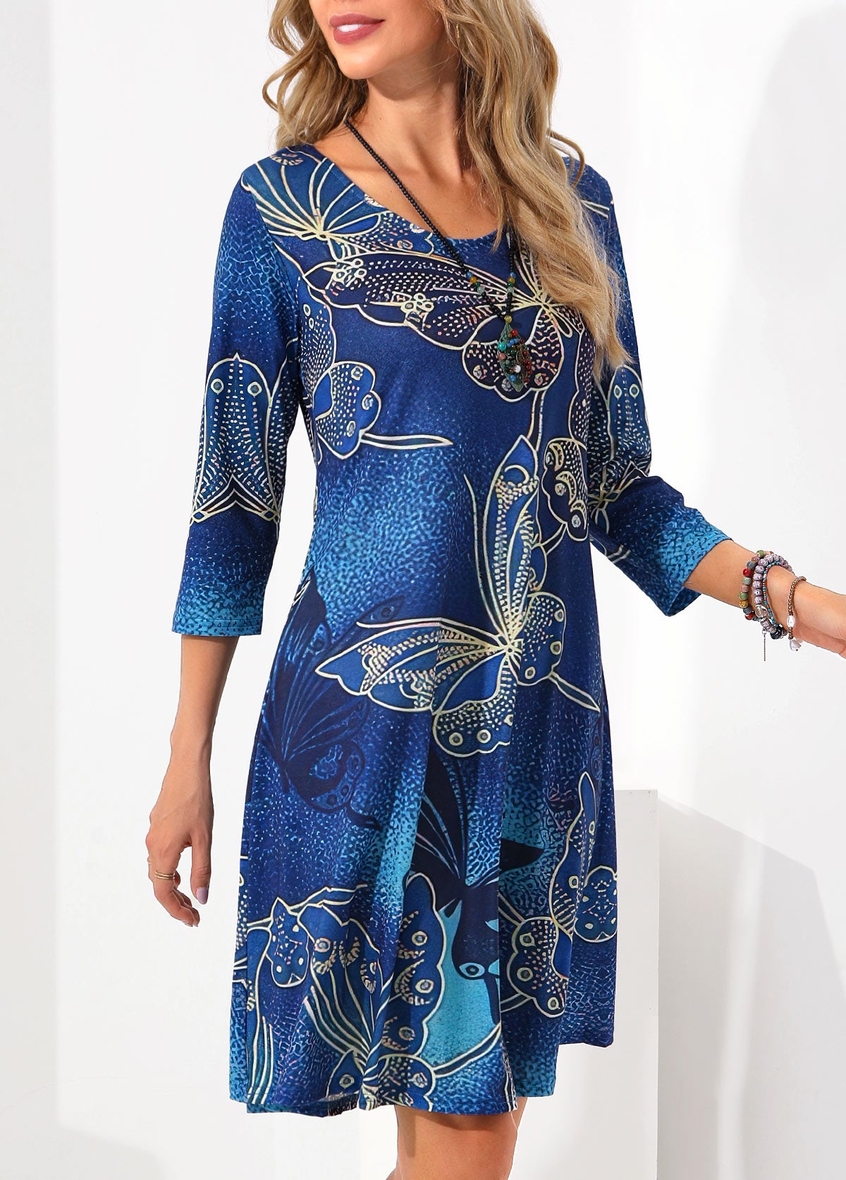 Butterfly Print 3/4 Sleeve Blue Dress