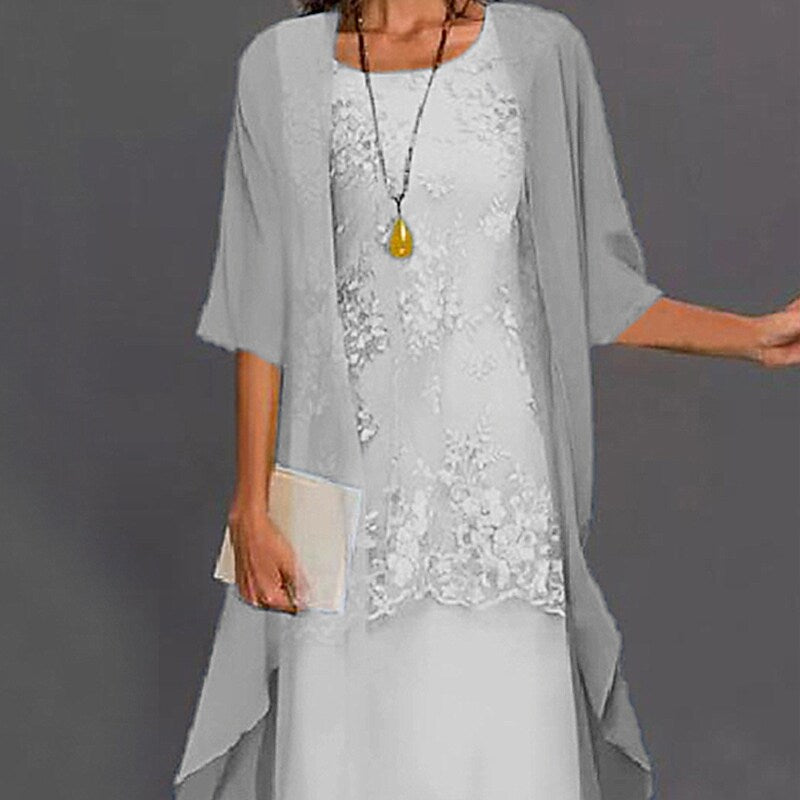 Women's Dress Set Lace Dress Midi Dress Light Blue Green Gray Half Sleeve Floral Embroidered Layered Patchwork Fall Spring Crew Neck Elegant Chinoiserie 2022 M L XL XXL XXXL 4XL 5XL