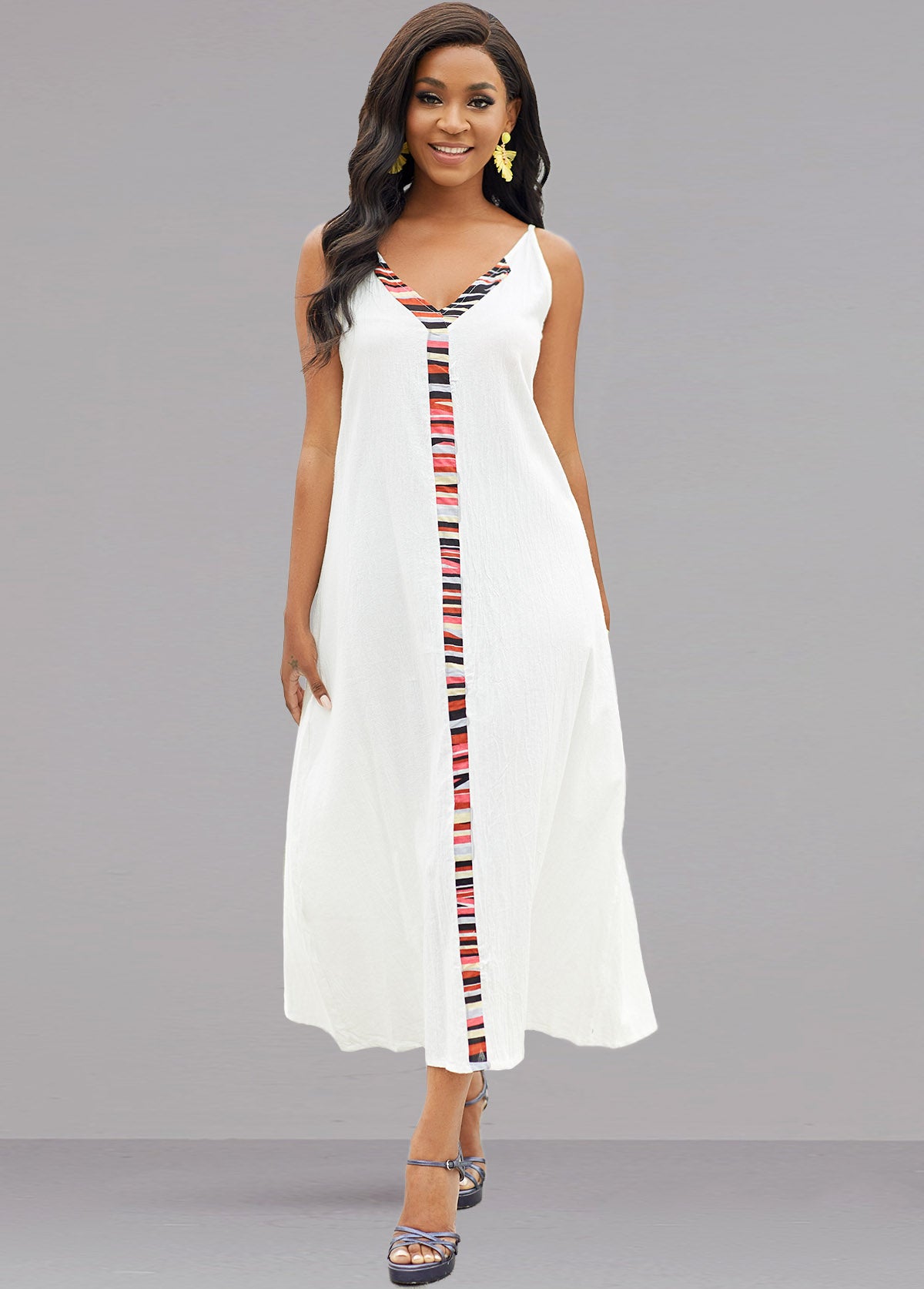 Sleeveless V Neck Rainbow Stripe Dress
