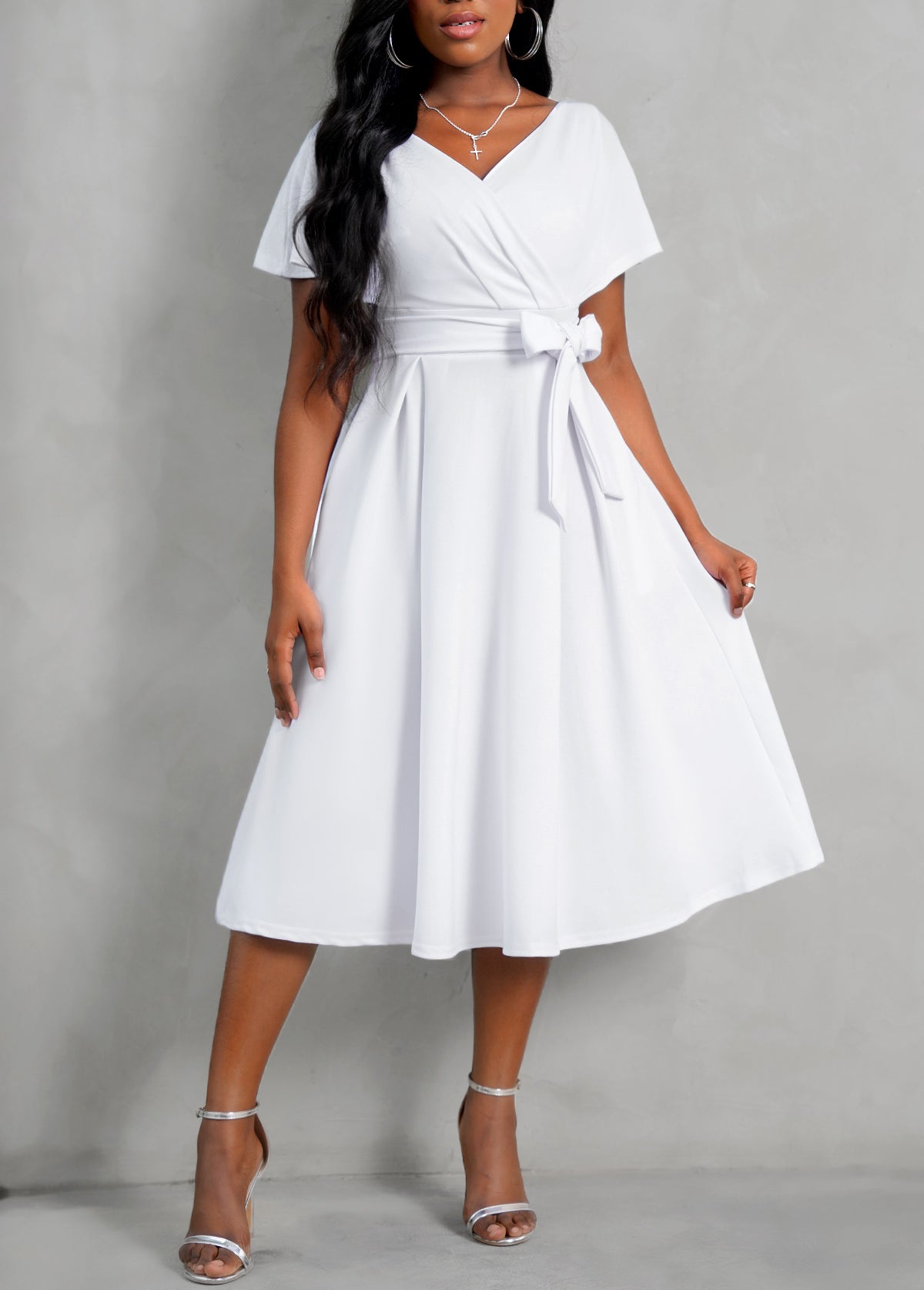 Short Sleeve V Neck Belted Dress