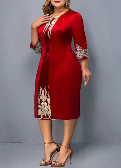 3/4 Sleeve Round Neck Embroidered Dress
