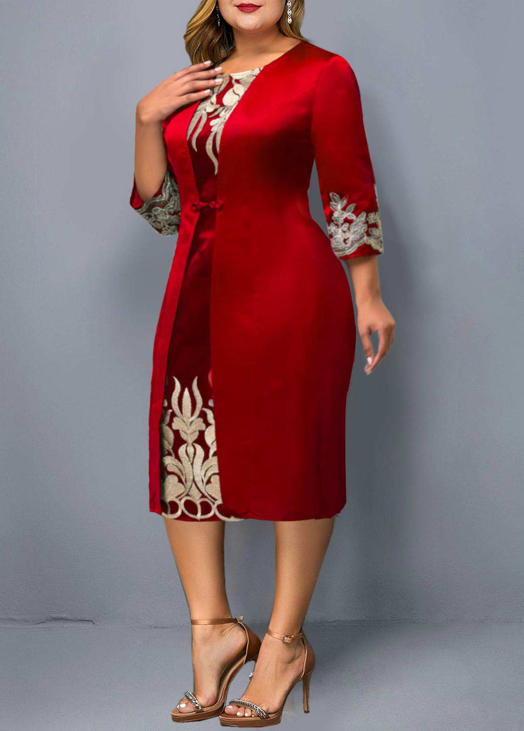 Round Neck 3/4 Sleeve Embroidered Dress