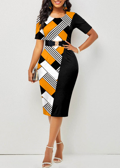 Contrast Round Neck Short Sleeve Dress