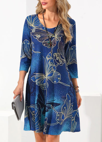 Butterfly Print 3/4 Sleeve Blue Dress