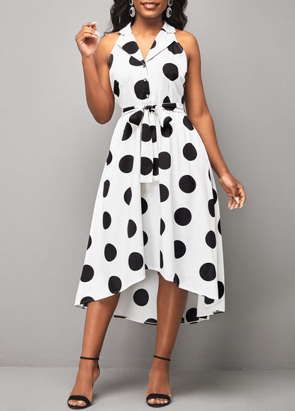Turndown Collar Polka Dot White Belted Dress