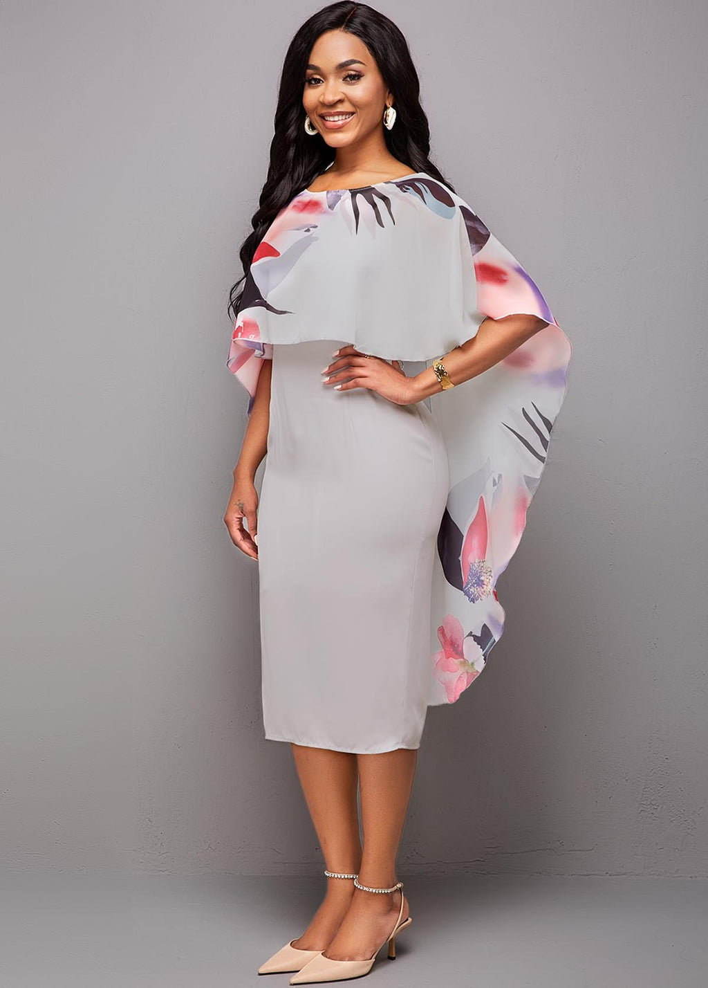 Floral Print 3/4 Sleeve Bodycon Dress