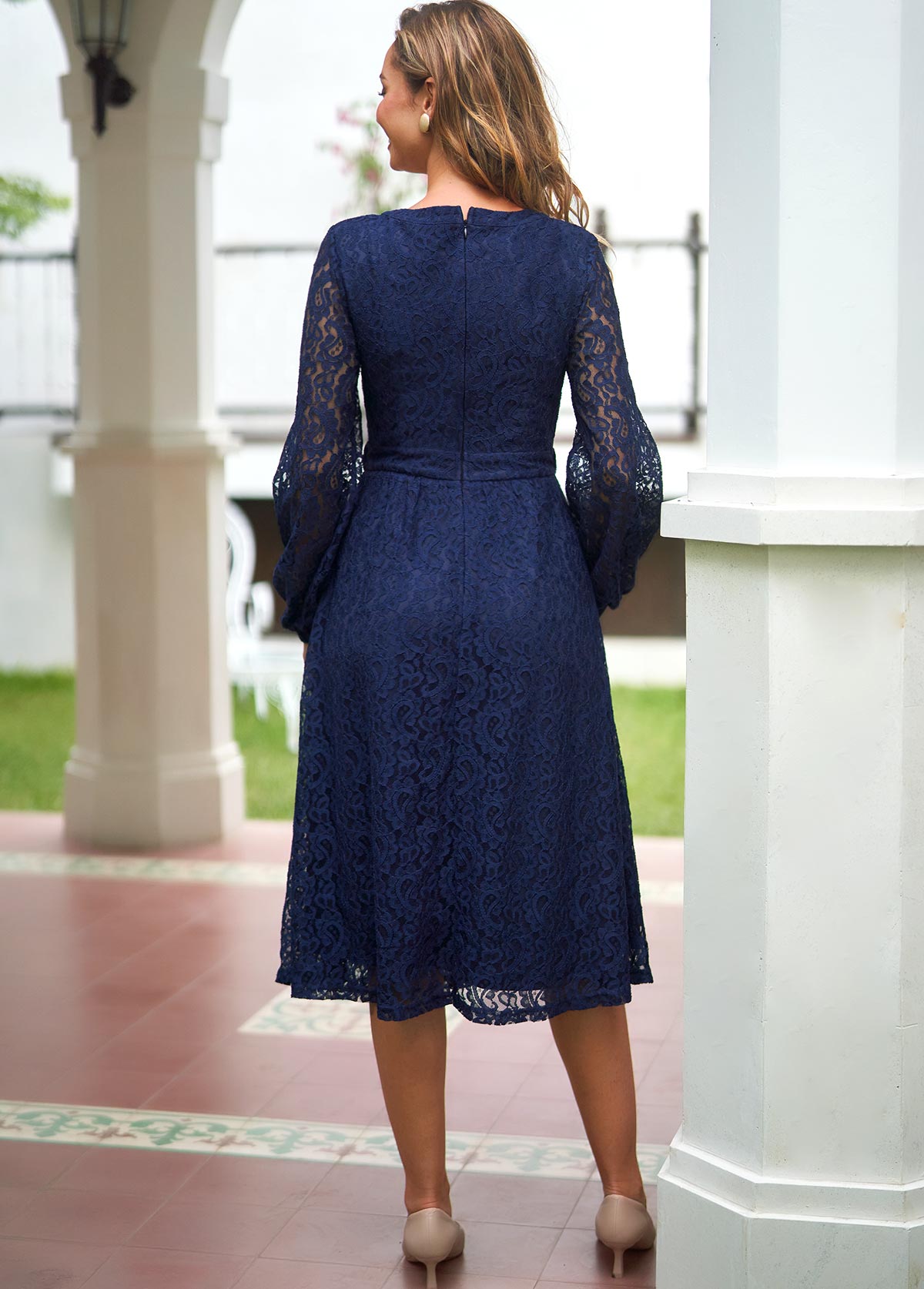 Paisley Lace Panel Navy Blue Drawstring Waist Dress