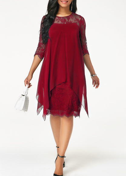 Chiffon Overlay Three Quarter Sleeve Lace Dress