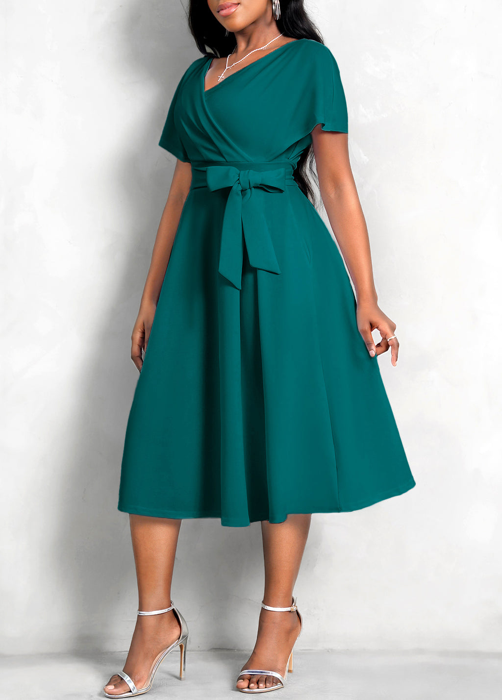 Short Sleeve V Neck Belted Dress