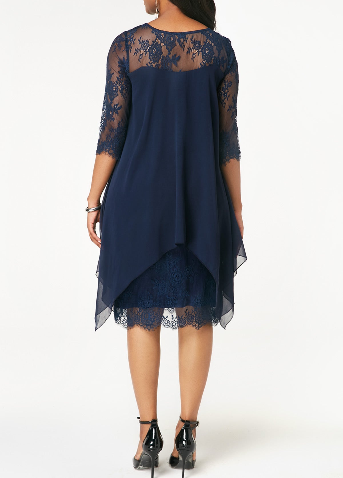 Chiffon Overlay Three Quarter Sleeve Lace Dress