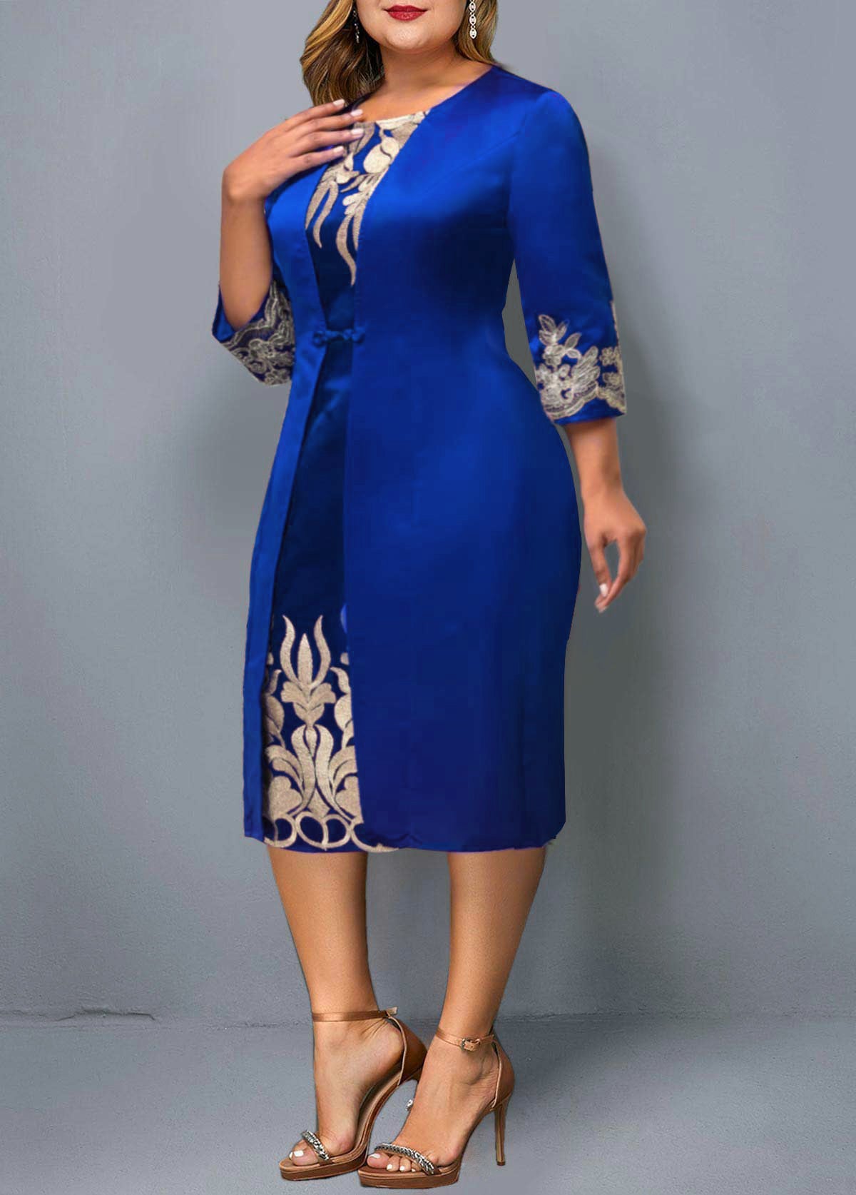 3/4 Sleeve Round Neck Embroidered Dress