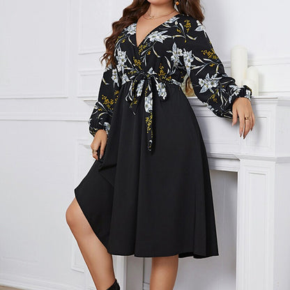 Women's Plus Size Casual Dress Floral V Neck Long Sleeve Fall Winter Casual Midi Dress Causal Daily Dress
