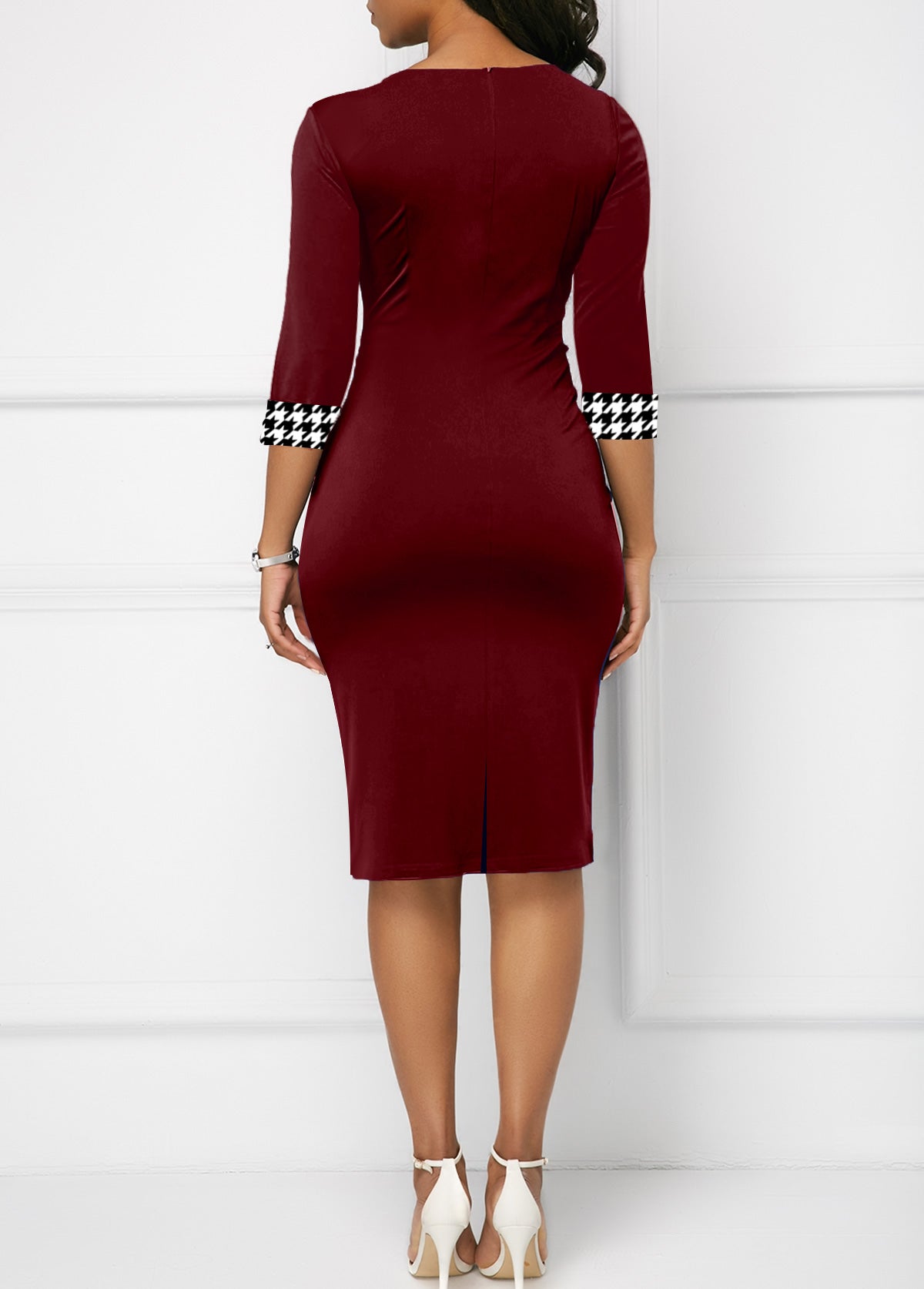 Houndstooth Print Bowknot Knee Length Bodycon Dress
