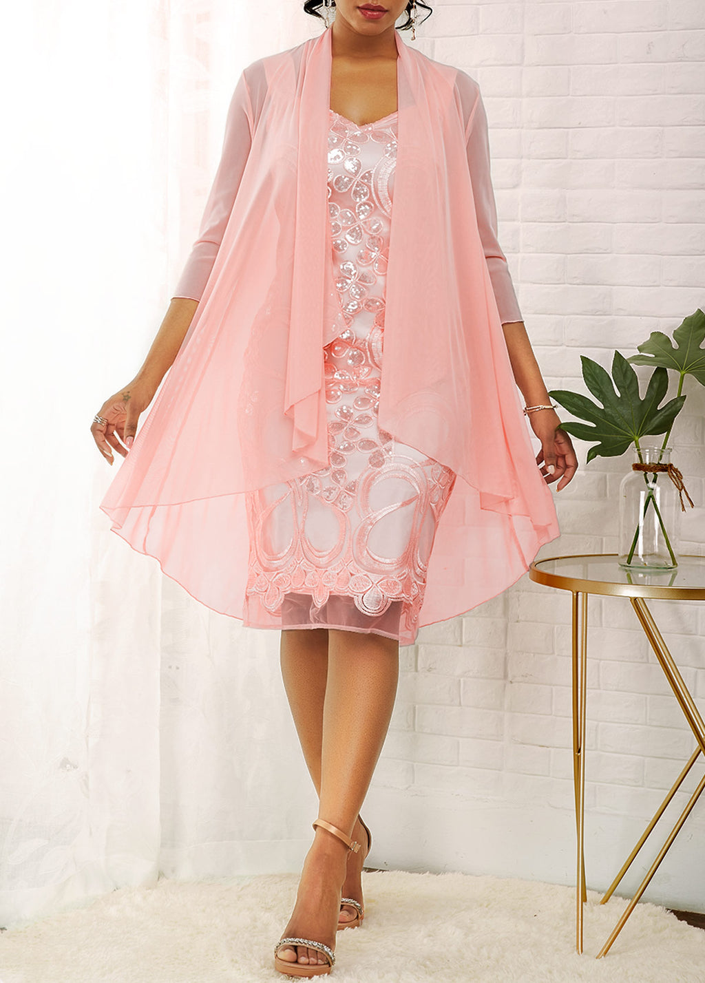 3/4 Sleeve Solid Cardigan and Glitter Fabric Stitching Dress
