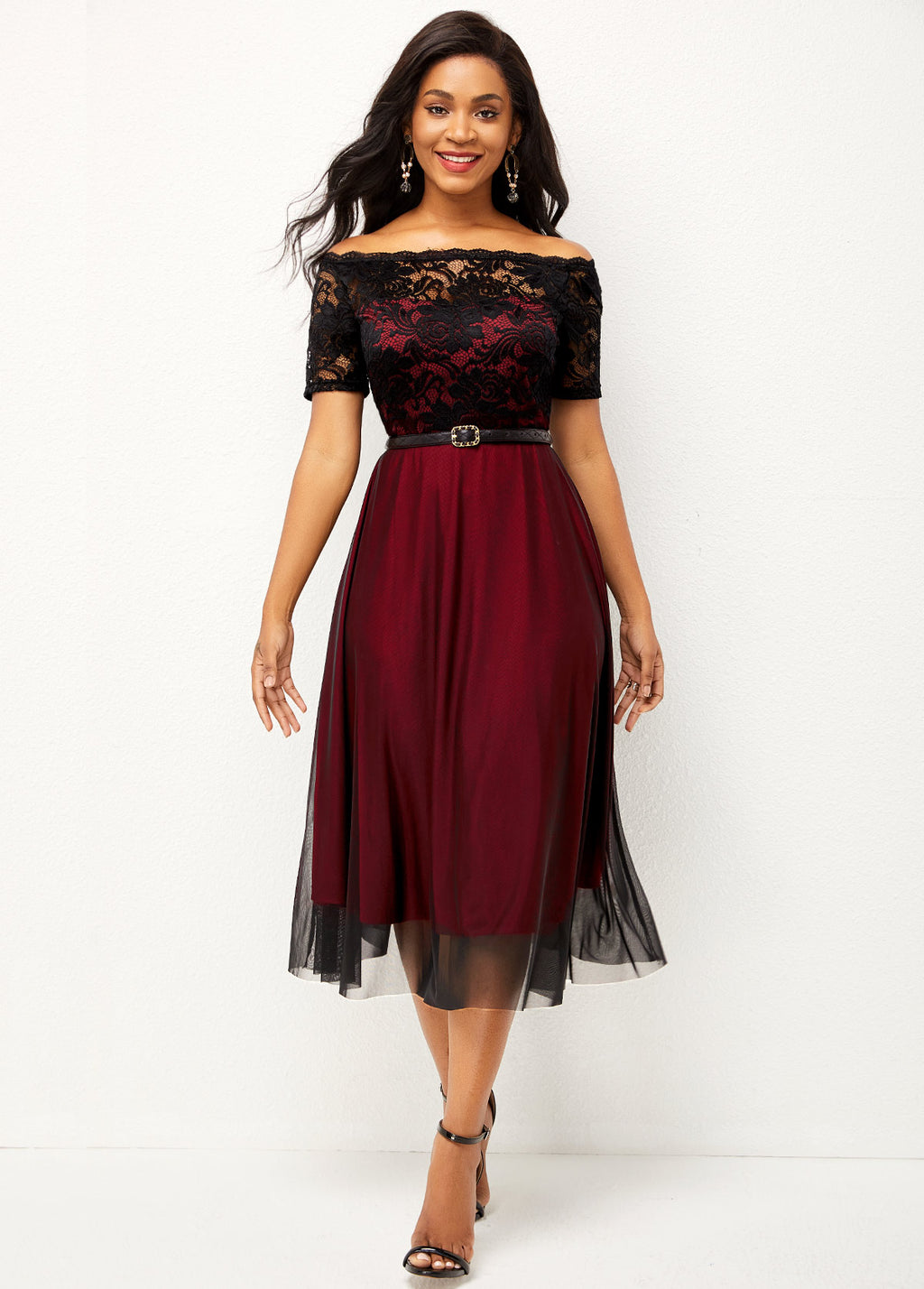 Lace Patchwork Off Shoulder Short Sleeve Dress