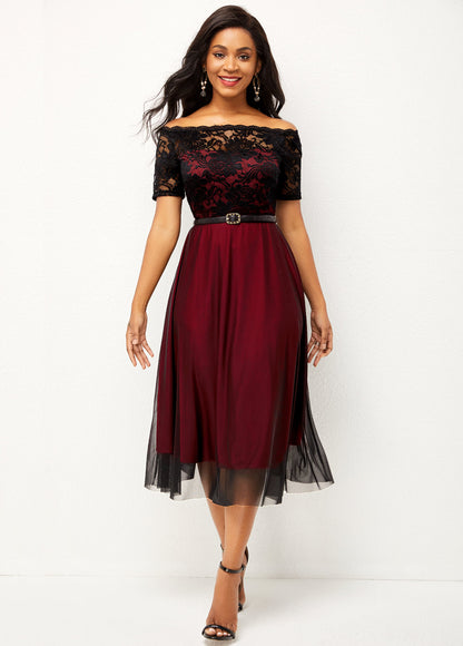 Lace Patchwork Off Shoulder Short Sleeve Dress