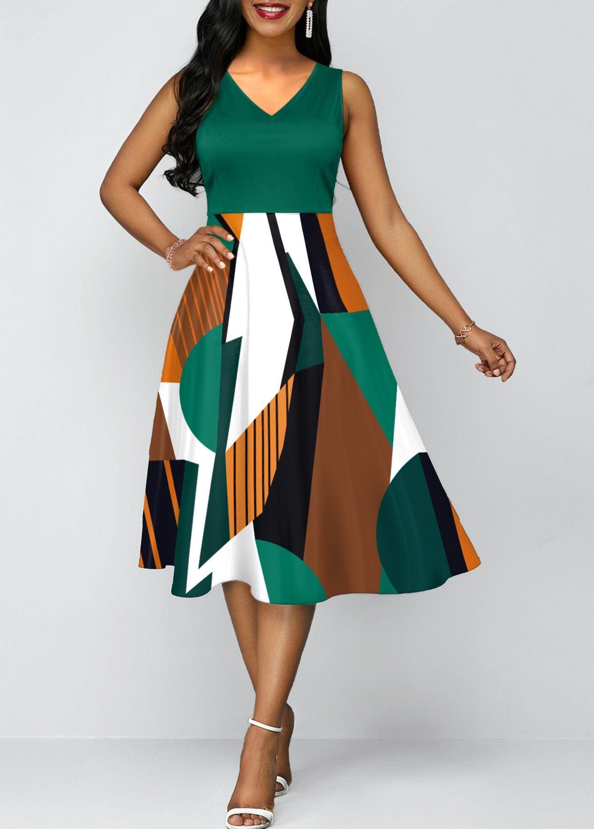 Green Geometric Print V Neck Dress