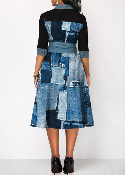 Denim Look Print Belted Button Dress