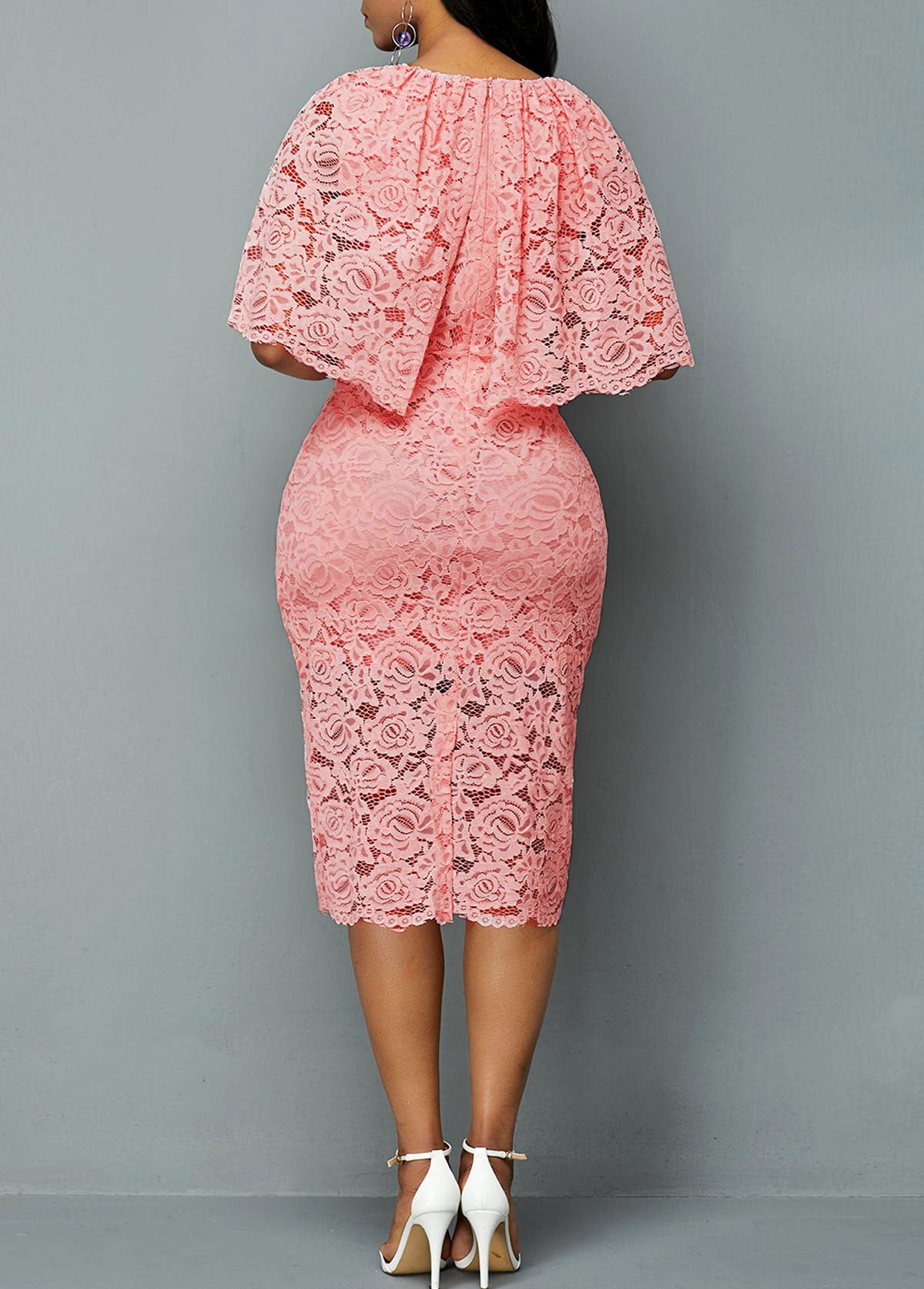 Light Pink Half Sleeve Overlay Embellished Lace Dress