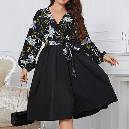 Women's Plus Size Casual Dress Floral V Neck Long Sleeve Fall Winter Casual Midi Dress Causal Daily Dress