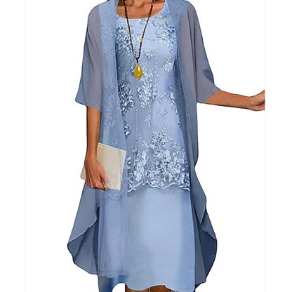 Women's Dress Set Lace Dress Midi Dress Light Blue Green Gray Half Sleeve Floral Embroidered Layered Patchwork Fall Spring Crew Neck Elegant Chinoiserie 2022 M L XL XXL XXXL 4XL 5XL