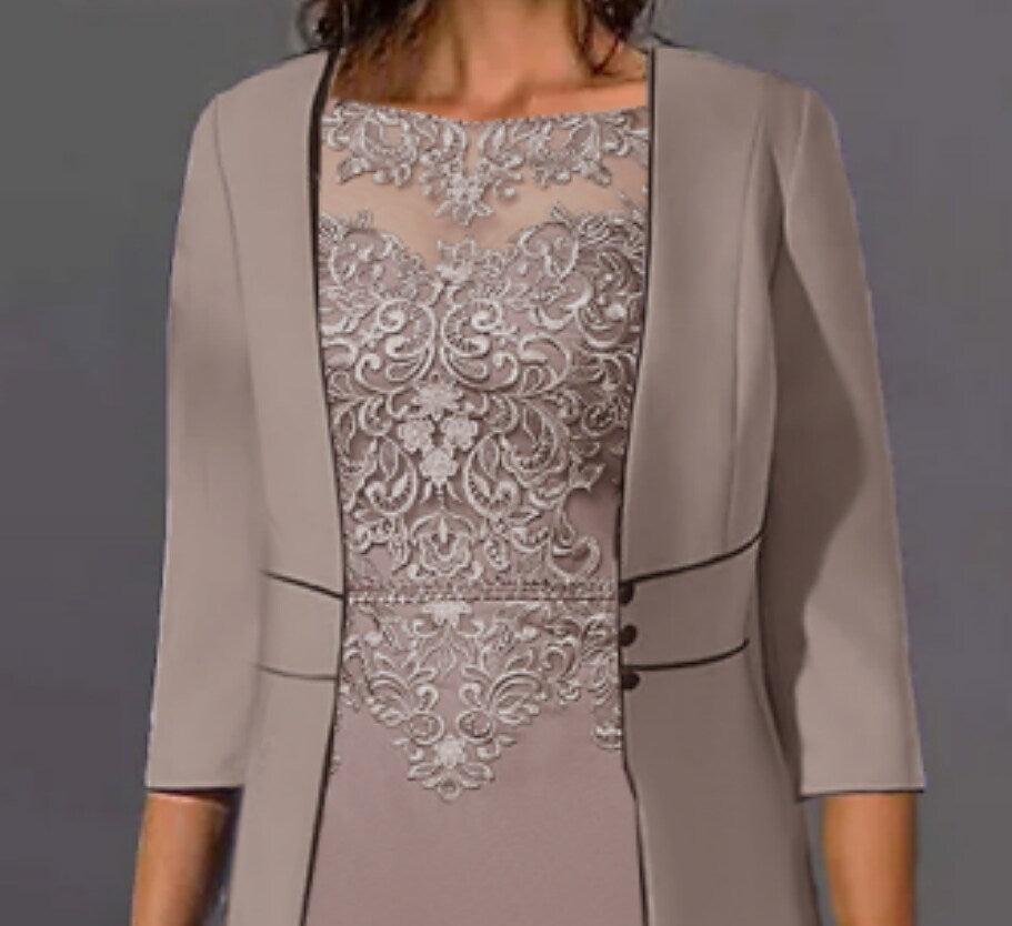 Women's Dress Set Two Piece Dress Midi Dress Light Brown 3/4 Length Sleeve Floral Embroidered Layered Fall Winter Crew Neck Modern Mature 2022 S M L XL XXL 3XL