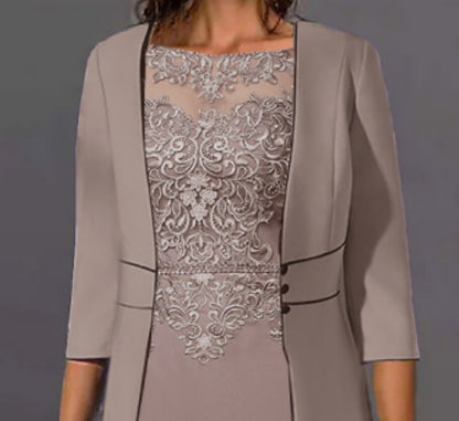 Women's Dress Set Two Piece Dress Midi Dress Light Brown 3/4 Length Sleeve Floral Embroidered Layered Fall Winter Crew Neck Modern Mature 2022 S M L XL XXL 3XL