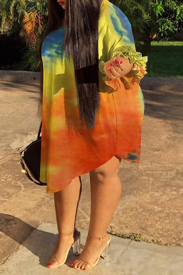 Plus Size Tie Dye Half Ruffle Sleeve Midi Dress