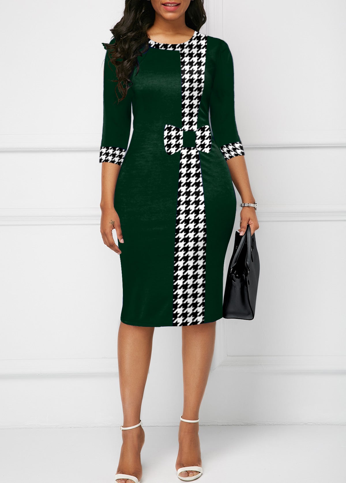 Houndstooth Print Bowknot Knee Length Bodycon Dress