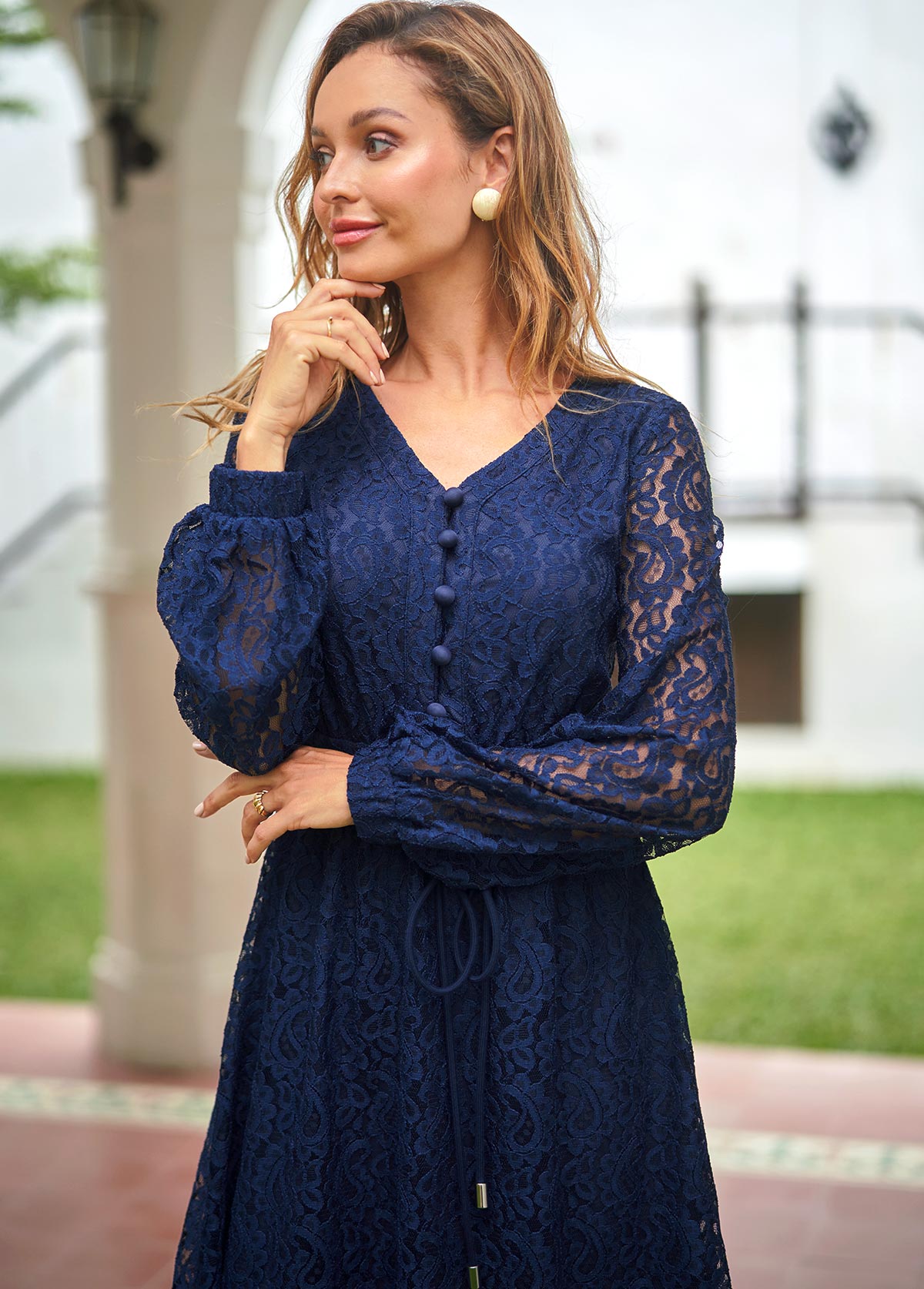 Paisley Lace Panel Navy Blue Drawstring Waist Dress