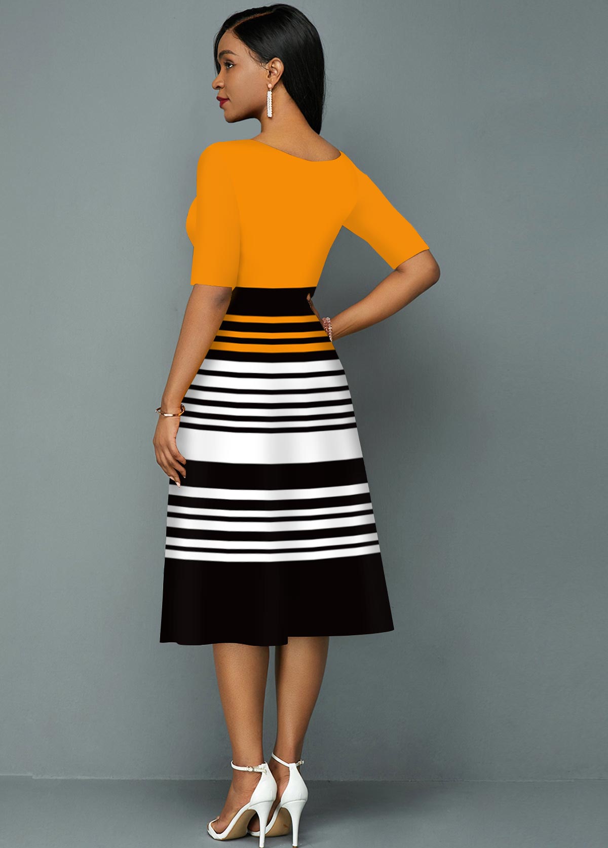 Contrast Striped Round Neck A Line Dress
