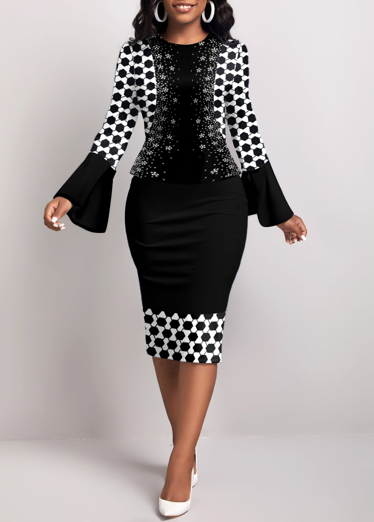 Geometric Print Fake 2in1 Black Bodycon Dress