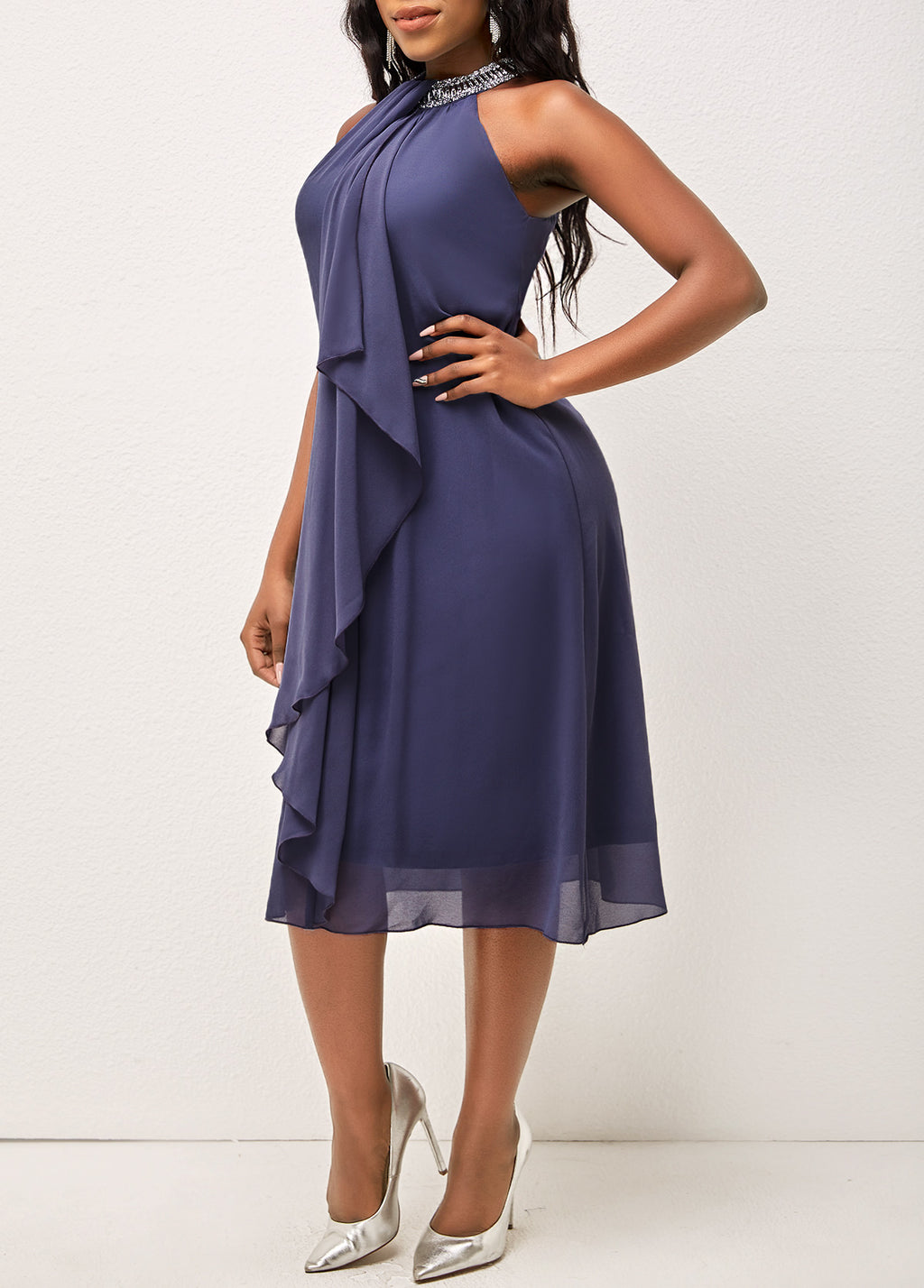 Solid Embellished Neck Flounce Sleeveless Dress