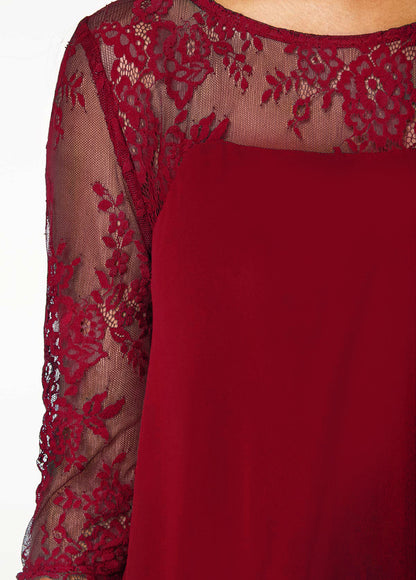 Chiffon Overlay Three Quarter Sleeve Lace Dress