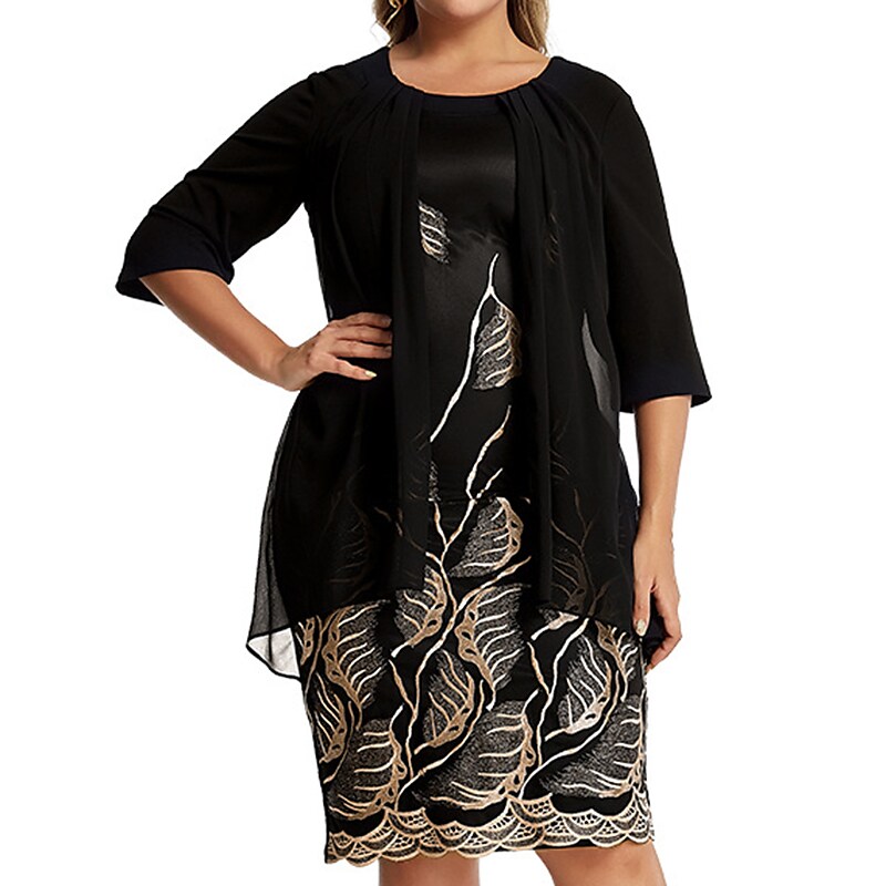Women's Plus Size Fake Two-Piece Dress Crew Neck Half Sleeve Dress