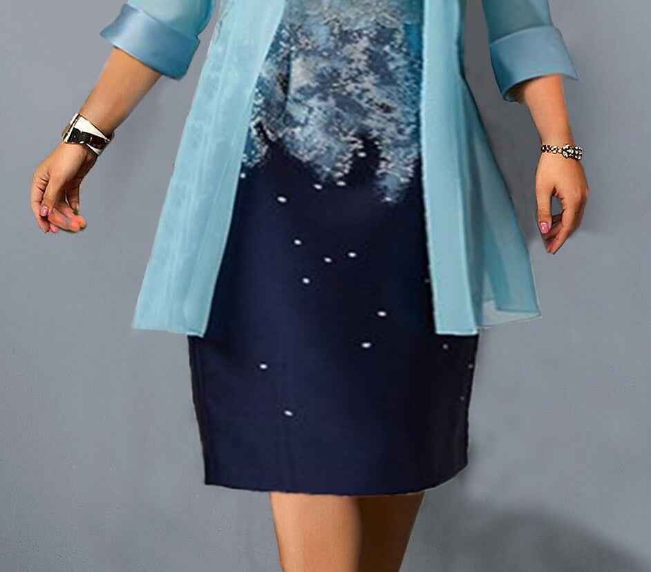 Women's Plus Size Dress Set Color Block Round Neck 3/4 Length Sleeve Dress