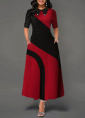 Turndown Collar Side Pocket Contrast Maxi Dress
