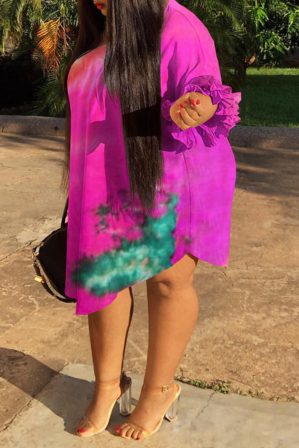 Plus Size Tie Dye Half Ruffle Sleeve Midi Dress