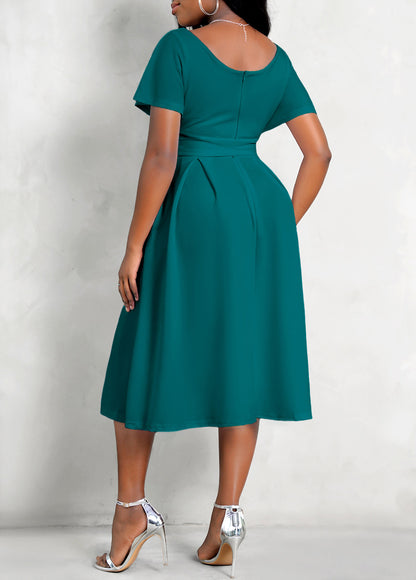 Short Sleeve V Neck Belted Dress