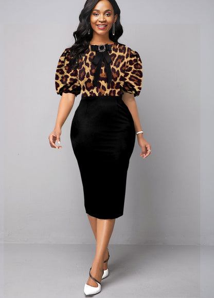 Puff Sleeve Bowknot Leopard Bodycon Dress
