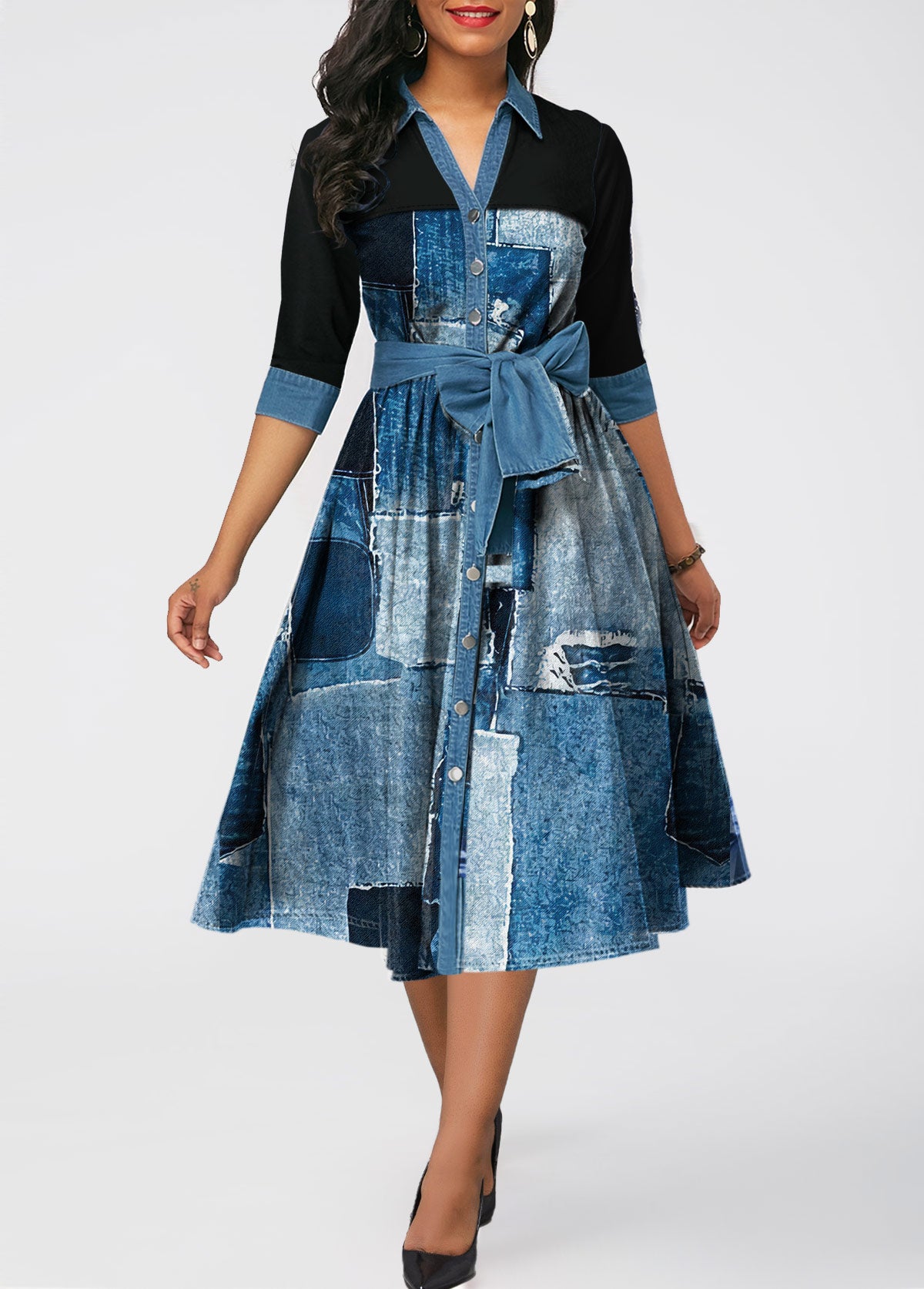 Denim Look Print Belted Button Dress