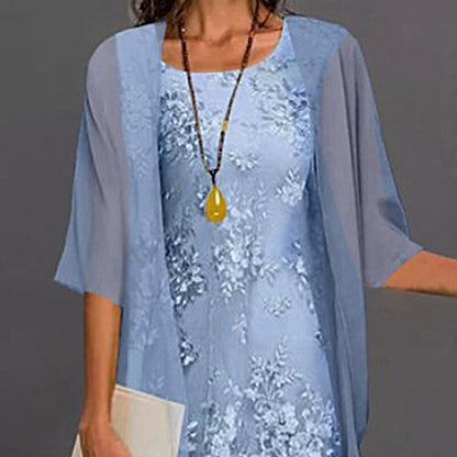 Women's Dress Set Lace Dress Midi Dress Light Blue Green Gray Half Sleeve Floral Embroidered Layered Patchwork Fall Spring Crew Neck Elegant Chinoiserie 2022 M L XL XXL XXXL 4XL 5XL