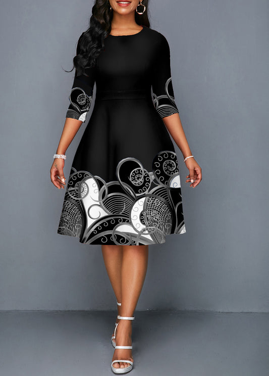 3/4 Sleeve Tribal Print Round Neck Dress
